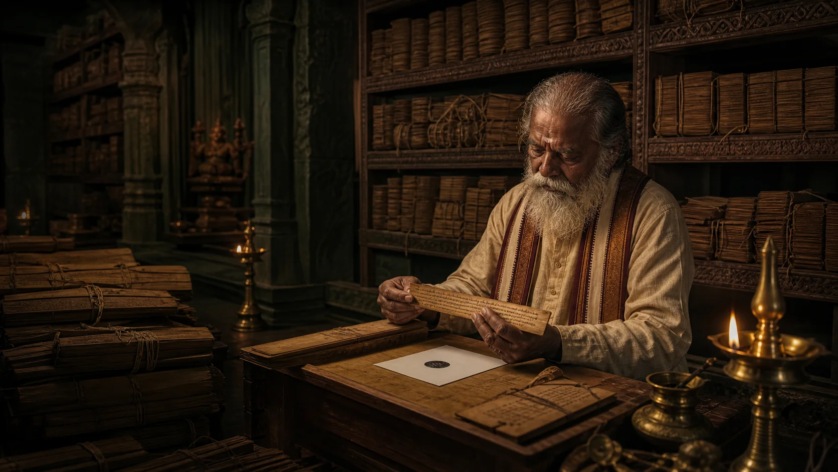 Editorial illustration of a reader examining palm-leaf manuscripts before the video guide