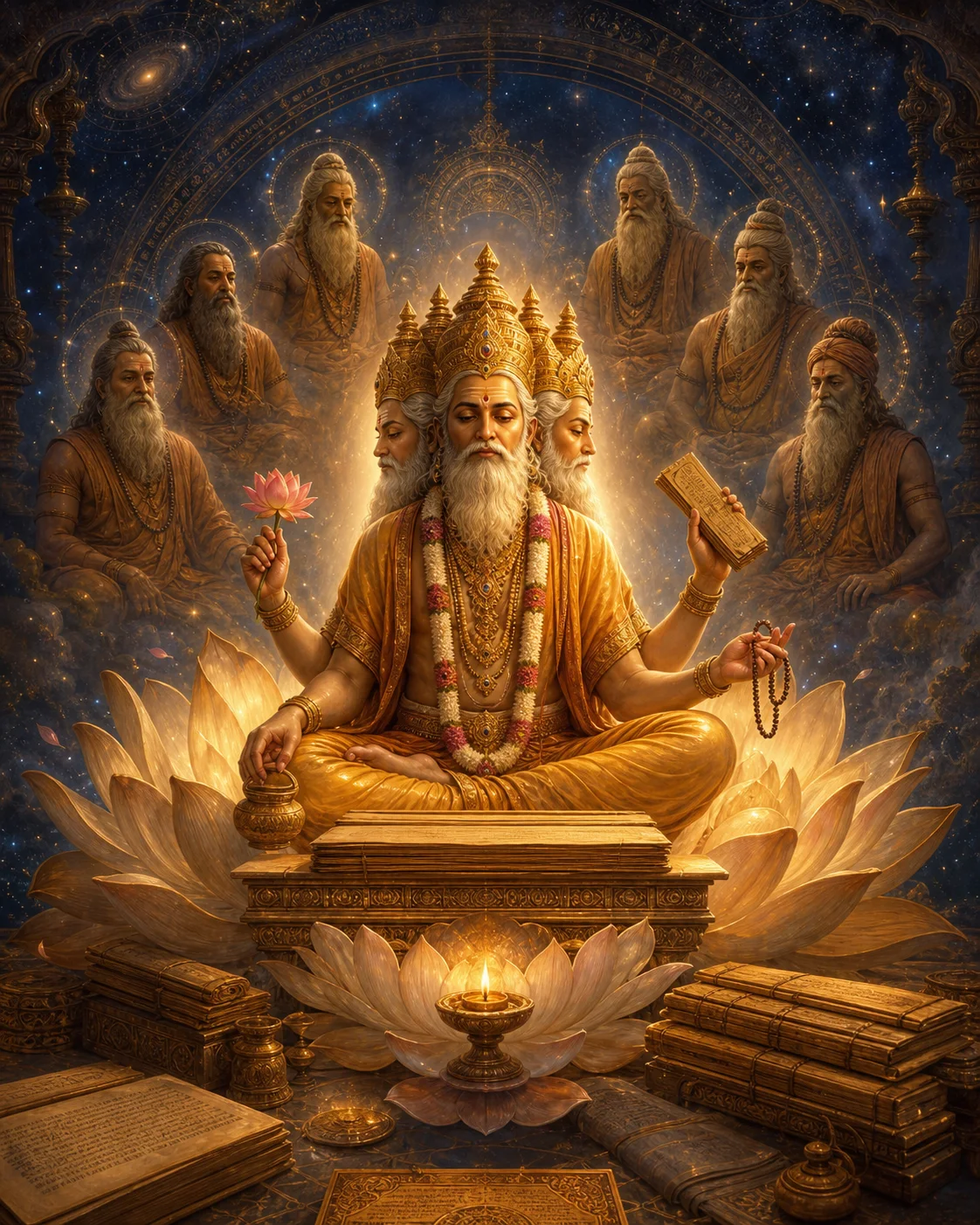 Sacred-art illustration of Lord Brahma, palm-leaf manuscripts and the Saptarishis
